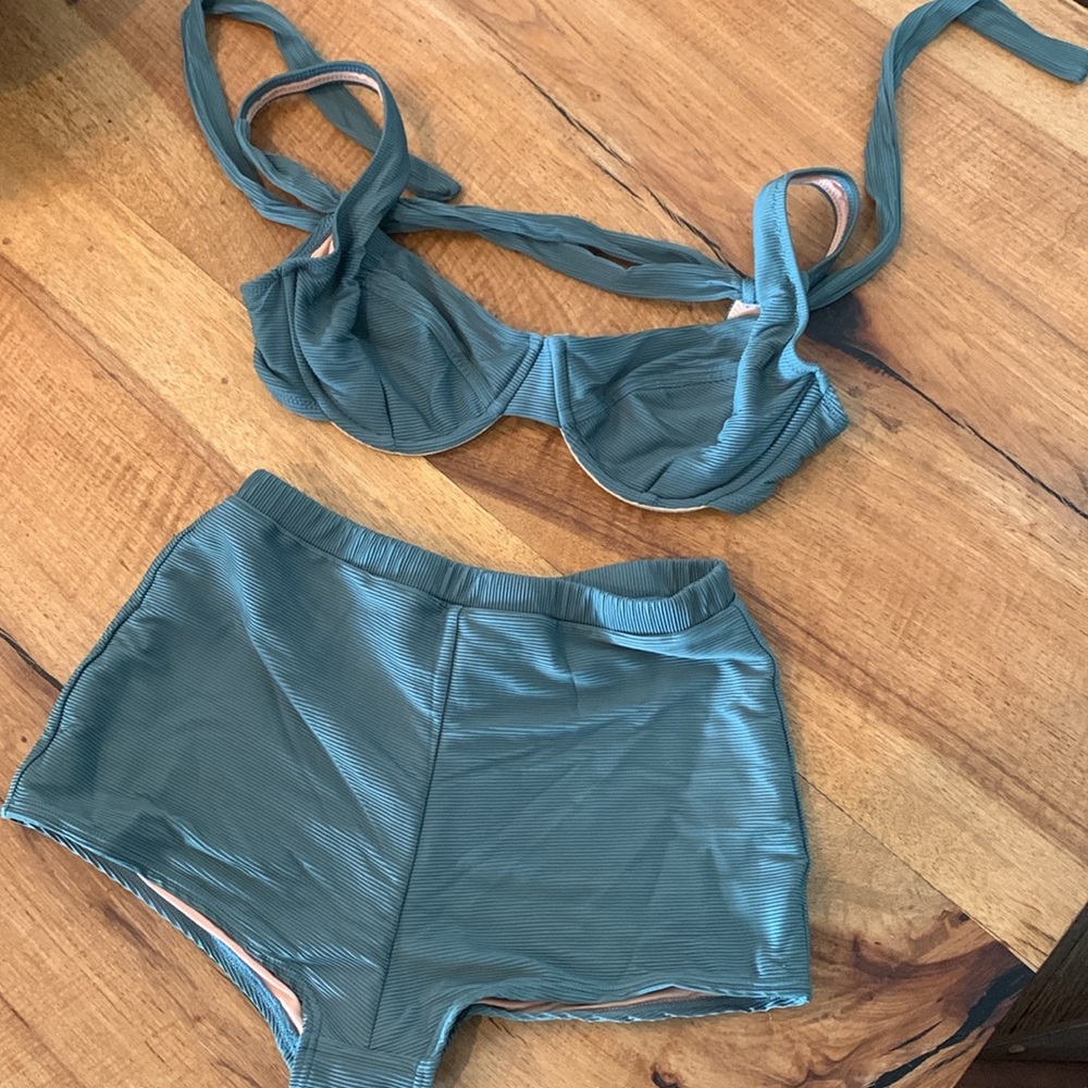 Imagined by J Crew ribbed teal 2 piece swimsuit.